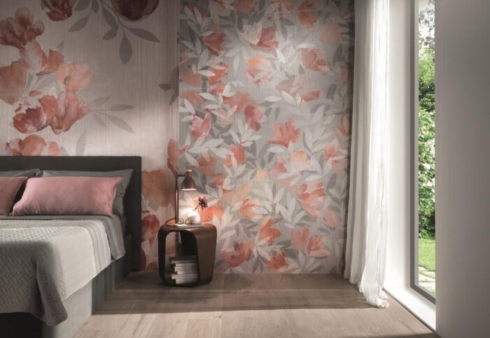 Amenajare dormitor cu gresie tip parchet si faianta decorata tip tapet 80x160cm fap murals