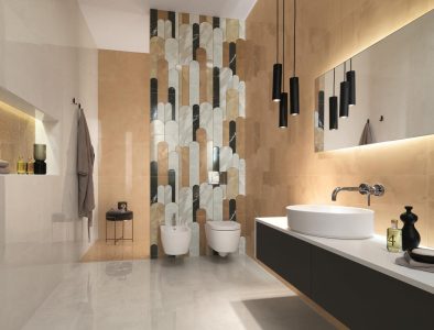 Baie moderna placi de faianta tip marmura lucioasa si decor geometric fap roma gold