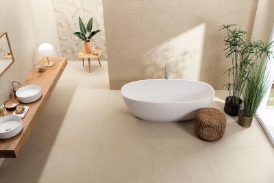 Baie moderna cu faianta fap sheer beige 25x75 cm