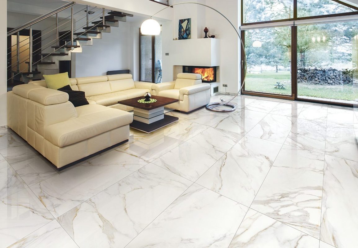 Gresie aspect marmura Calacatta EK amenajare living