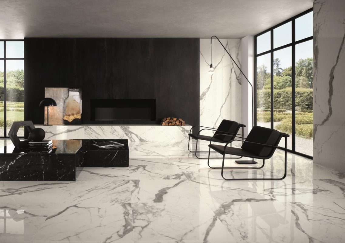 Amenajare living cu Gresie tip Marmura Lucioasa Placi Mari Roma Gold