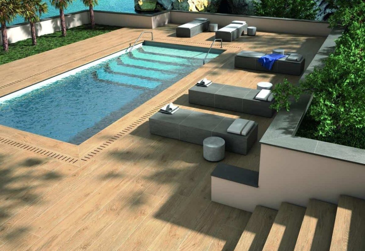 Terasa Piscina cu Gresie Portelanata tip Lemn Artwood
