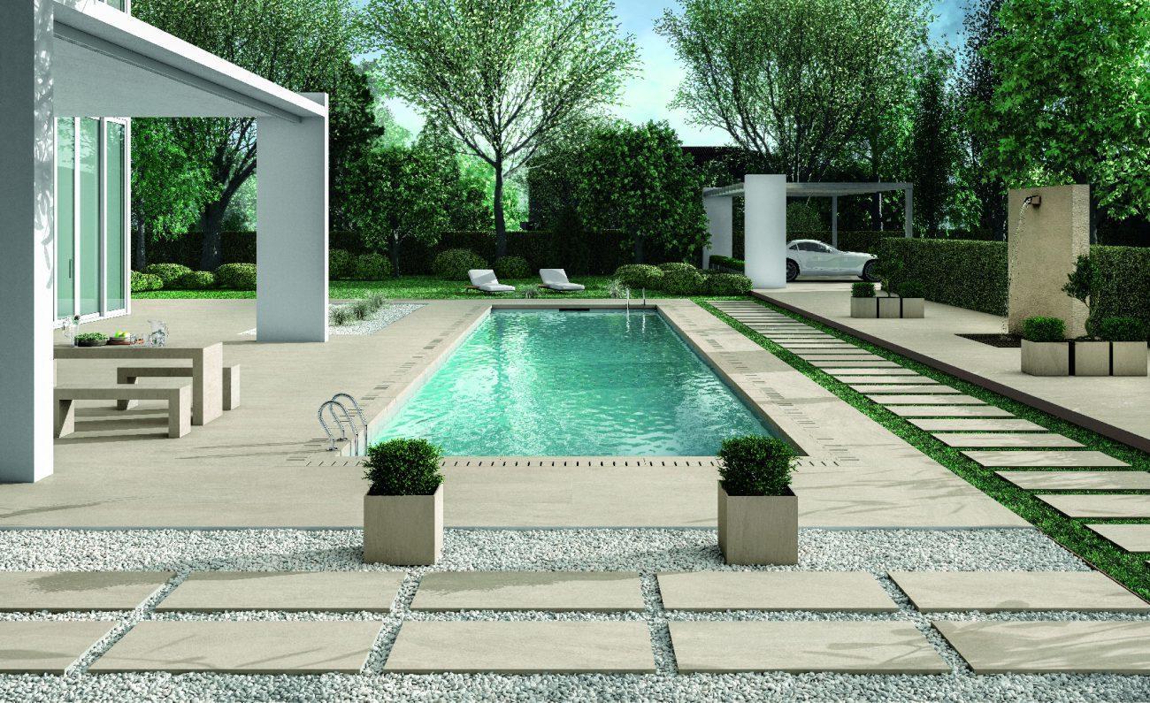gresie portelanata aspect piatra Norgestone Taupe 60x120 RT cm grosime 2 cm Amenajare terasa piscina