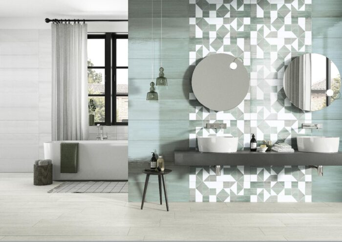 Baie amenajata cu faianta Noa Bianco Salvia decor Ischia 25x75 cm