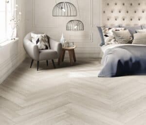 gresie portelanata aspect lemn Craftsman White 20x120 cm amenajare dormitor