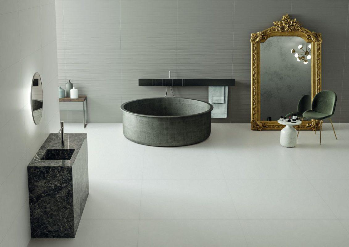 Gresie Alba Baie Elements Design White 60x60 cm Faianta Silver 3D amenajare baie