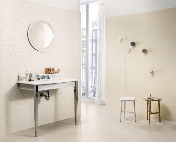 Baie cu Mozaic Hexagonal din Faianta Smooth milk bone Dom Ceramice