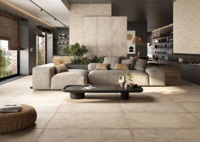 Amenajare living cu placi de gresie portelanata rectificata La Fabbrica HURBAN BEIGE