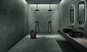 Baie moderna cu gresie portelanata tip piatra Novabell Lounge Bathroom
