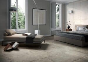 Amenajare dormitor modern cu gresie portelanata La Fabbrica Artile Greige 60x120 Ivory 60x120
