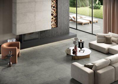 Amenajare living cu placi de gresie portelanata antiderapante La Fabbrica HURBAN GRAY WHITE GRAPHITE