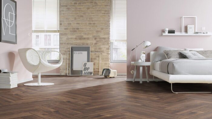 Parchet Laminat Herringbone Oak Cabin Y08 665x133x10 mm amenajare dormitor modern
