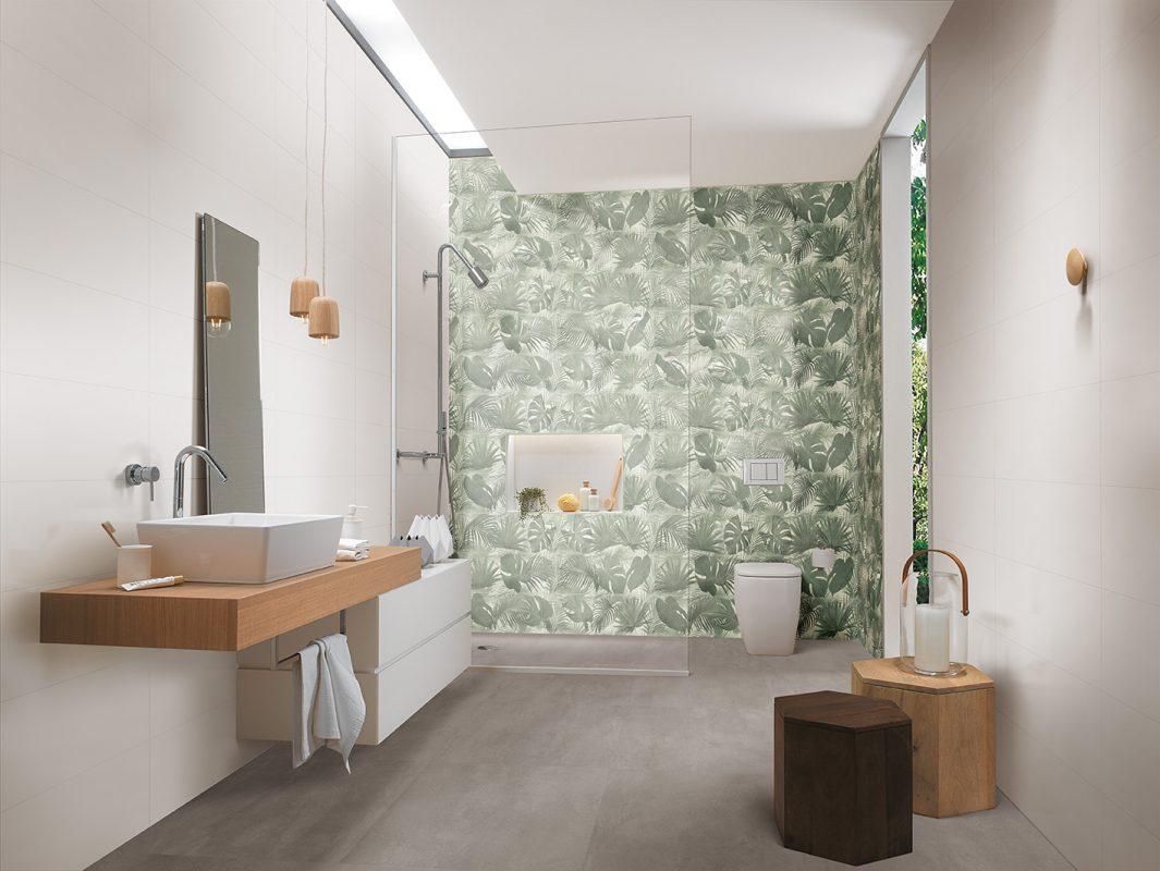 Amenajare baie moderna cu faianta decorata Fap decomore tropical GREEN