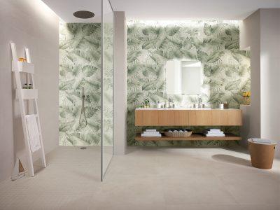 Amenajare baie moderna cu faianta decorata fap decomore bagno tropical jungle