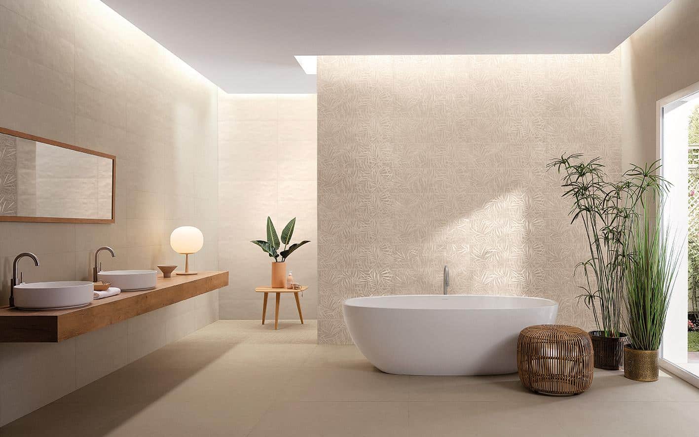 Amenajare baie moderna cu faianta decorata fap decomore bagno tropical beige