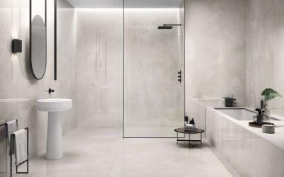 Baie amenajata cu gresie portelanata aspect marmura lucioasa Purity of Marble Onyx 120x120 RT grosime 9mm 120x278 RT grosime 6mm