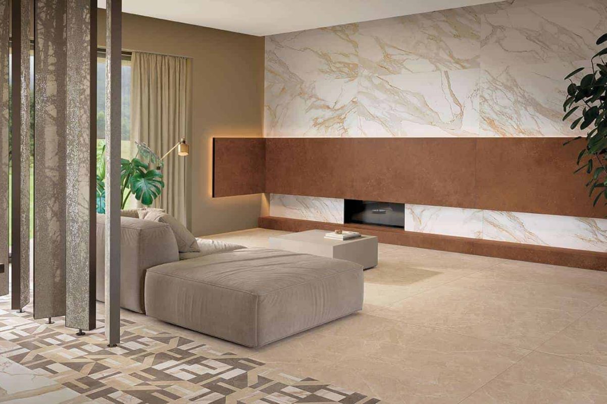 Living cu gresie portelanata placi mari decor gresie fap roma stone