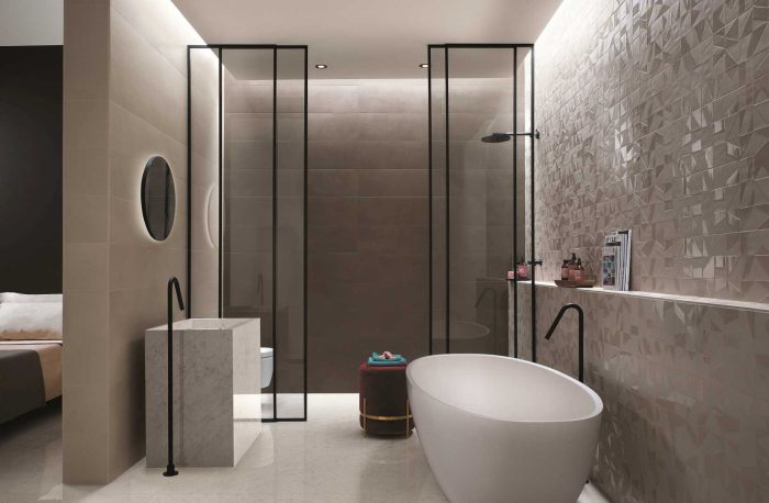 Amenajare baie cu gresie portelanata roma d si faianta fap mat more taupe brown 25x75 cm