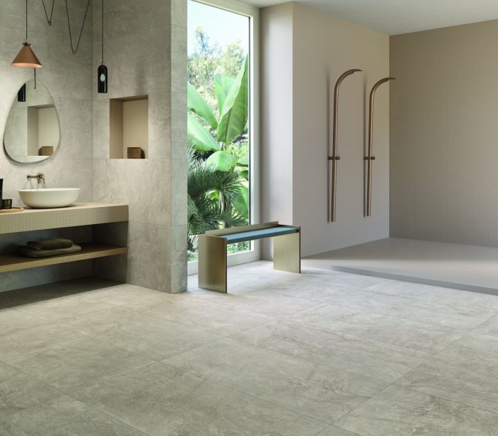 Baie cu gresie tip piatra Keope Percorsi Frame_imperiale walnut