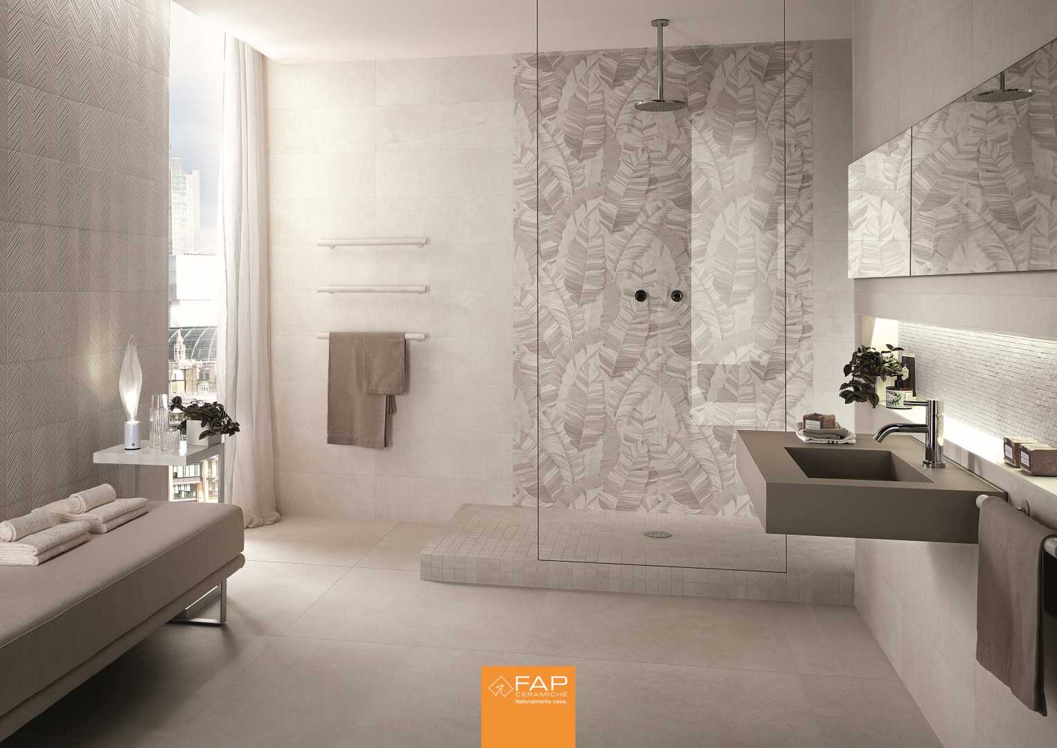 Baie amenajata cu faianta si gresie fap nux White 25x75 cm