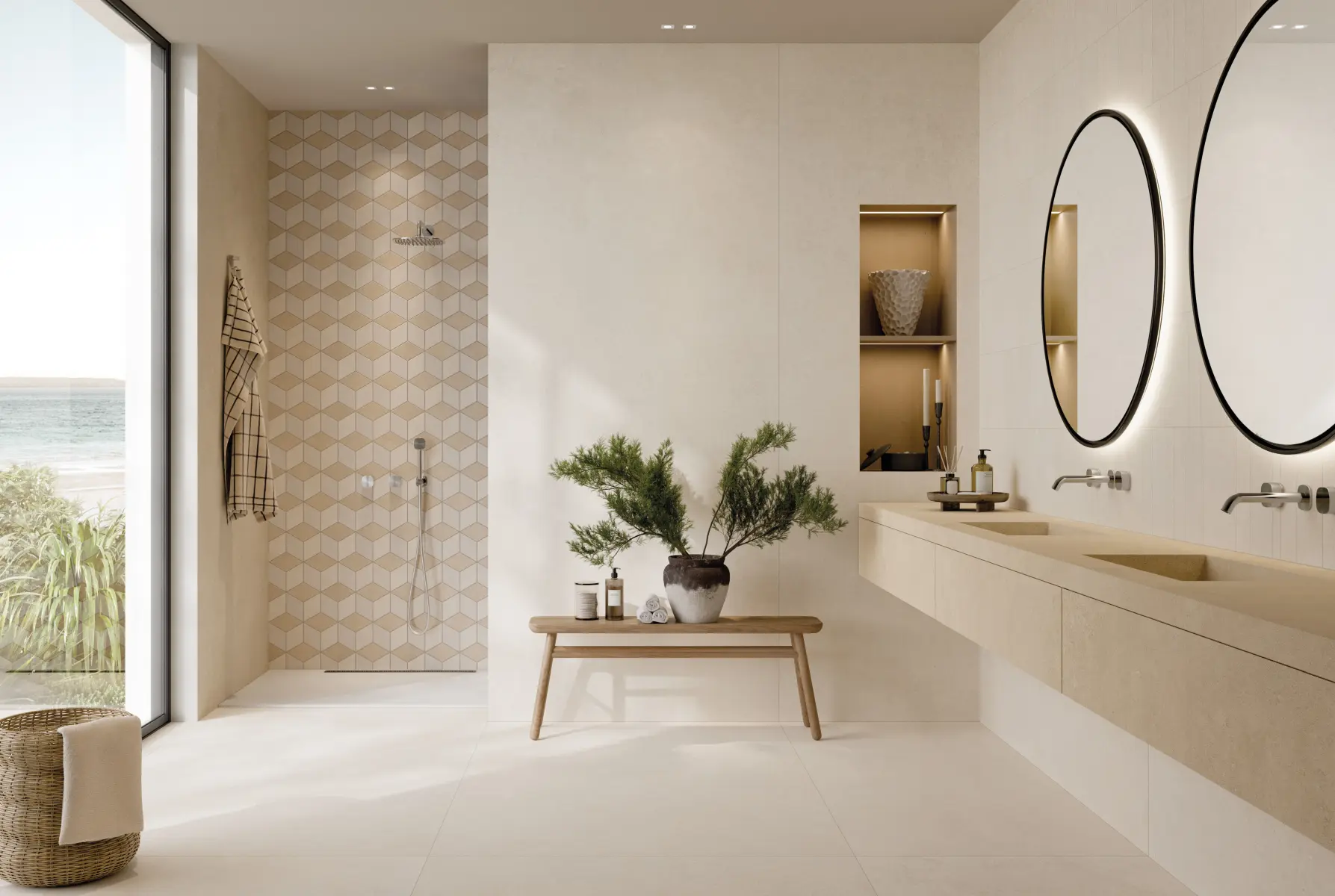 Baie_cu_gresie_si_decor_Keope_Grace_ivory_beige_Gada_Ceramic Baie Modernă cu Gresie Grace