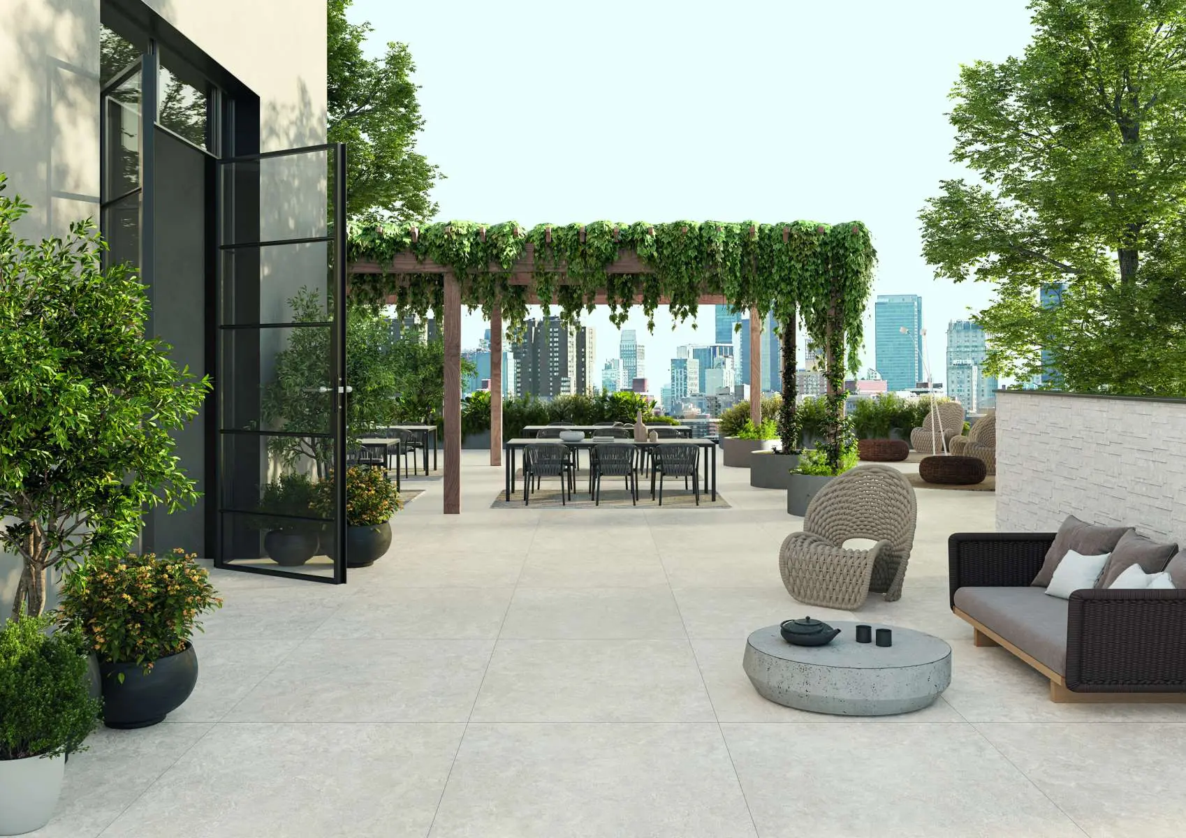 Terasa_cu_gresie_portelanata_aspect_travertin_Keope Trevi_pearl_Gada_ceramic Terasă cu Gresie tip Travertin Trevi Cross