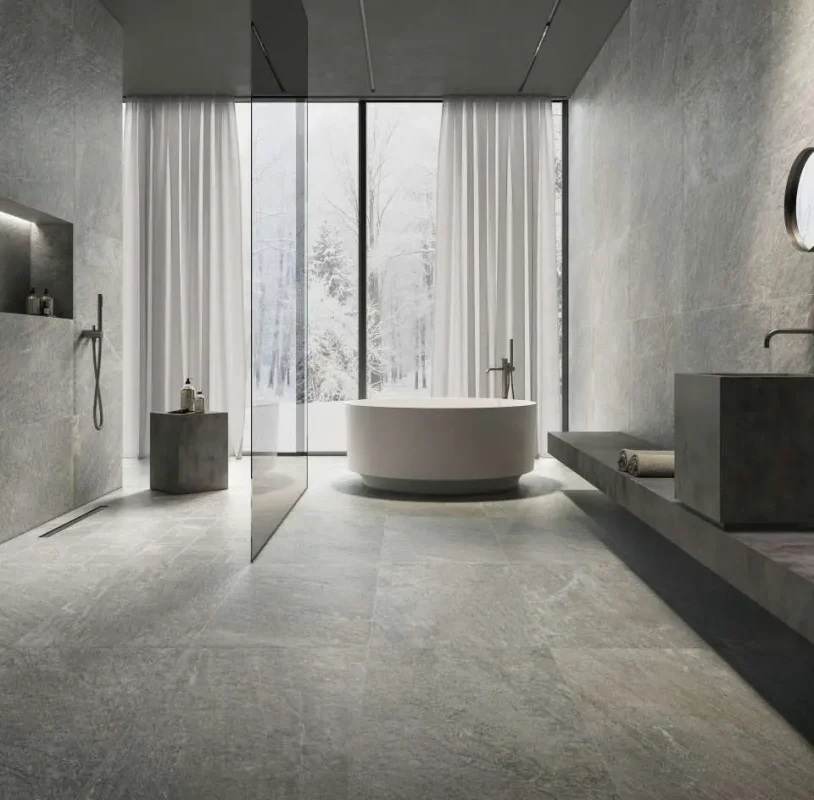 Baie modernă cu Gresie Gri Mehnir