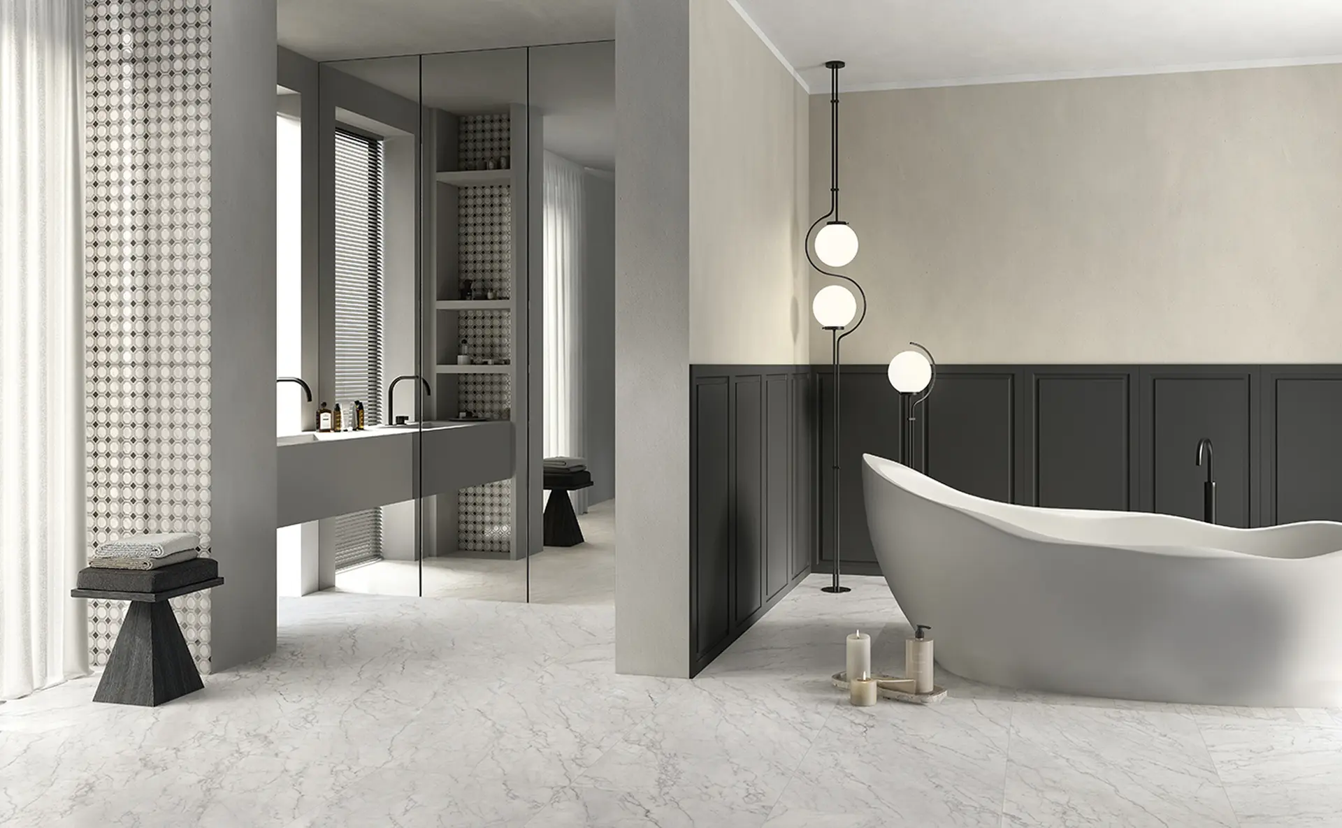 Amenajare-cu-gresie-portelanata-bon-ton-carrara-60x120-antique-3d-carrara-soft3d-120x280-octagon-antique-3d-60x120-boiserie-drak-60x120 Baie cu Gresie si Faianță Bon Ton